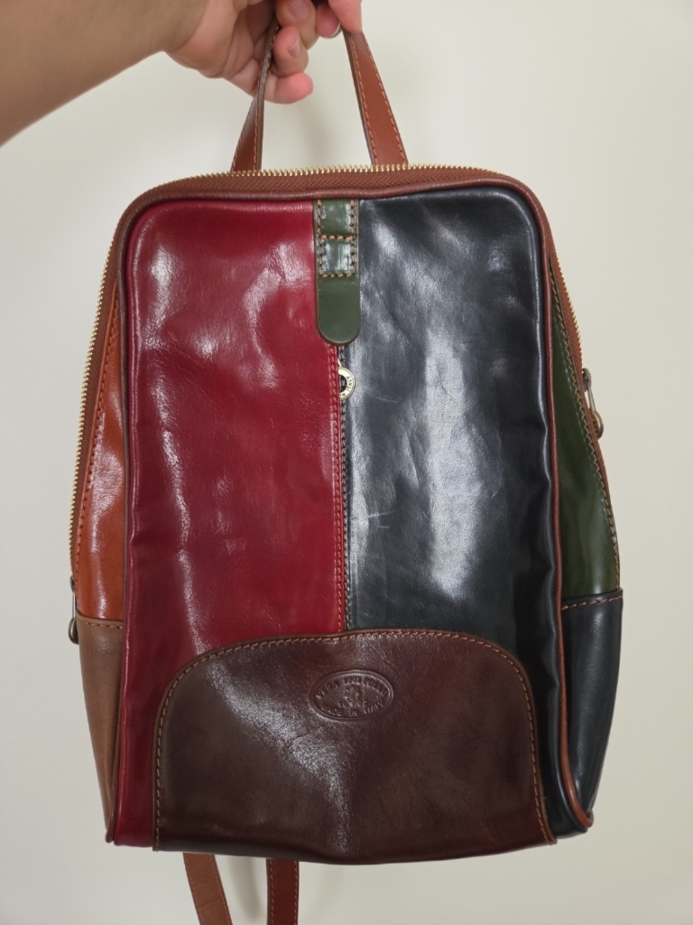 Vera Pelle Glossy Multi Color Leather Backpack Rare Euc Made In Italy
